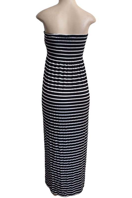 Black and white striped strapless dress on a mannequin against a white background