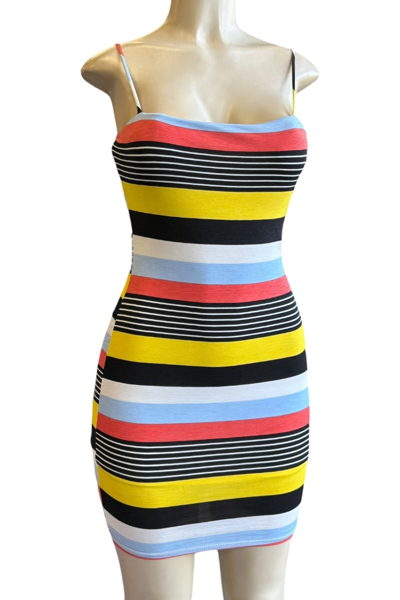Colorful striped dress on a mannequin against a white background