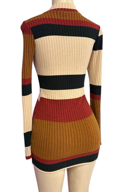 Multicolored striped sweater dress on a mannequin against a white background