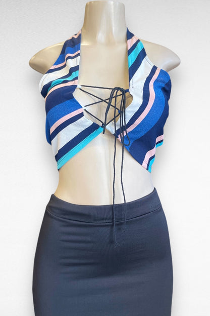 Striped Lace Up Halter Crop Top