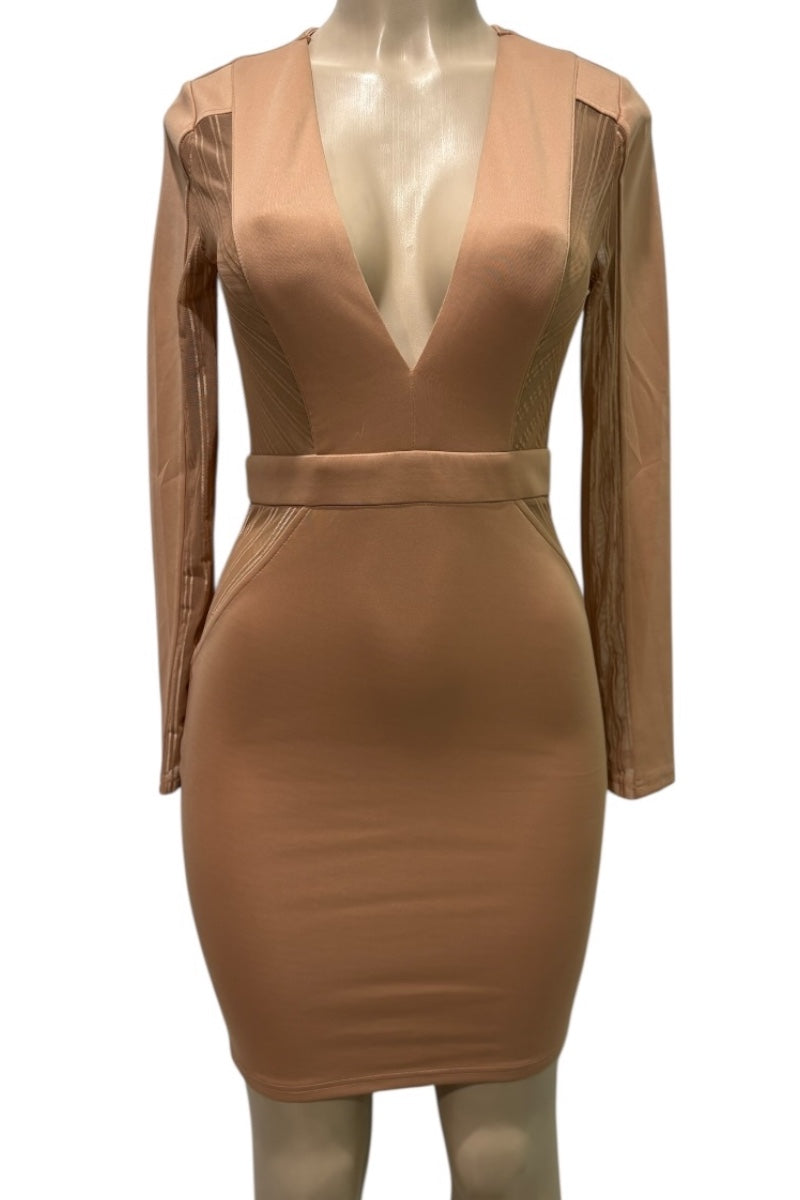 beige dress with sheer sleeves on a mannequin against a white background