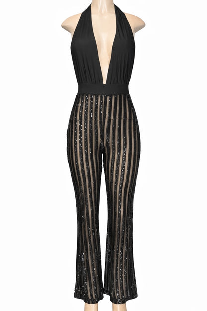 Black jumpsuit with a plunging neckline and striped pattern on a white background