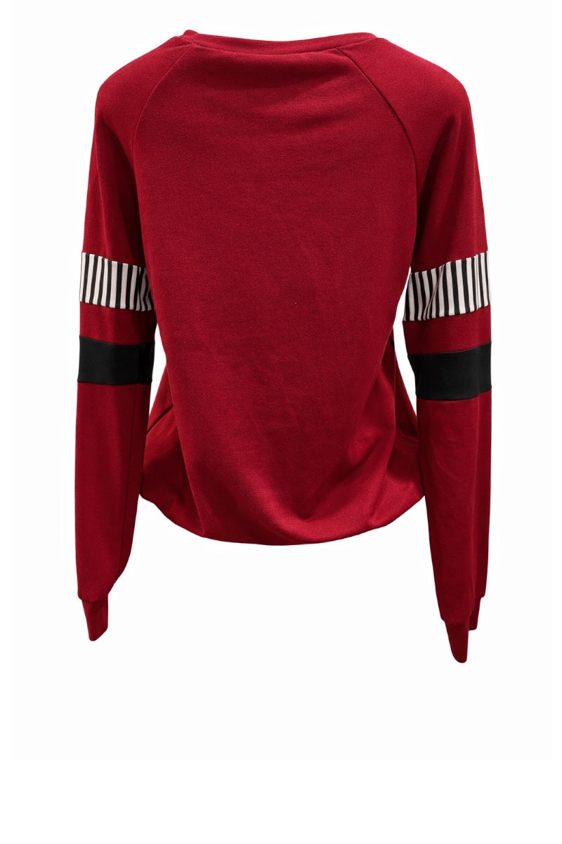 burgundy sweatshirt with black and white striped sleeves on a white background