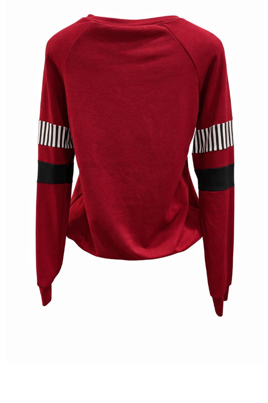 burgundy sweatshirt with black and white striped sleeves on a white background
