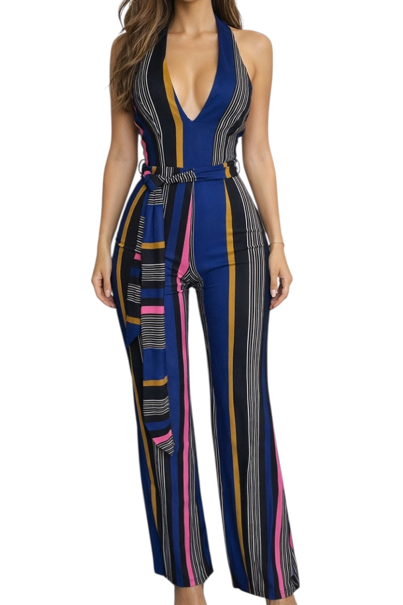Multicolored striped jumpsuit on a white background