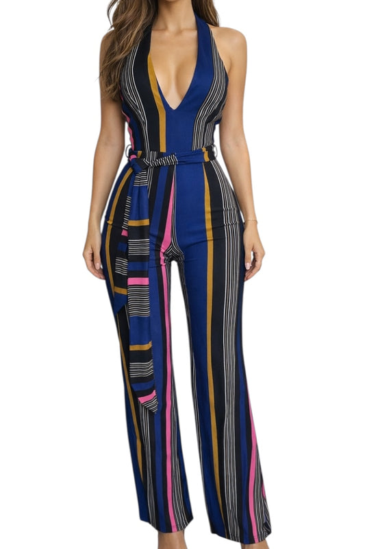 Multicolored striped jumpsuit on a white background