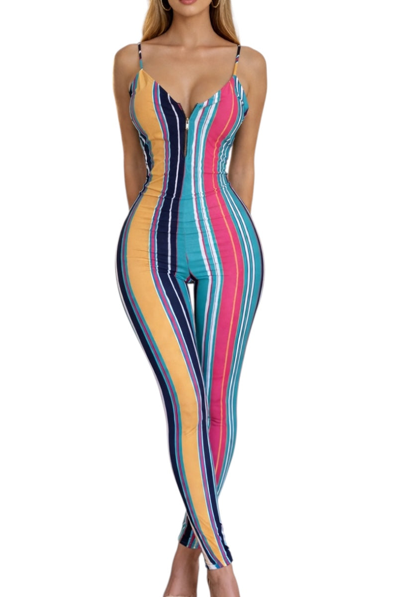Multicolored striped jumpsuit on a white background