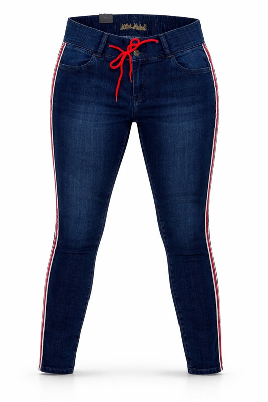 Blue jeans with red and white stripes on a white background