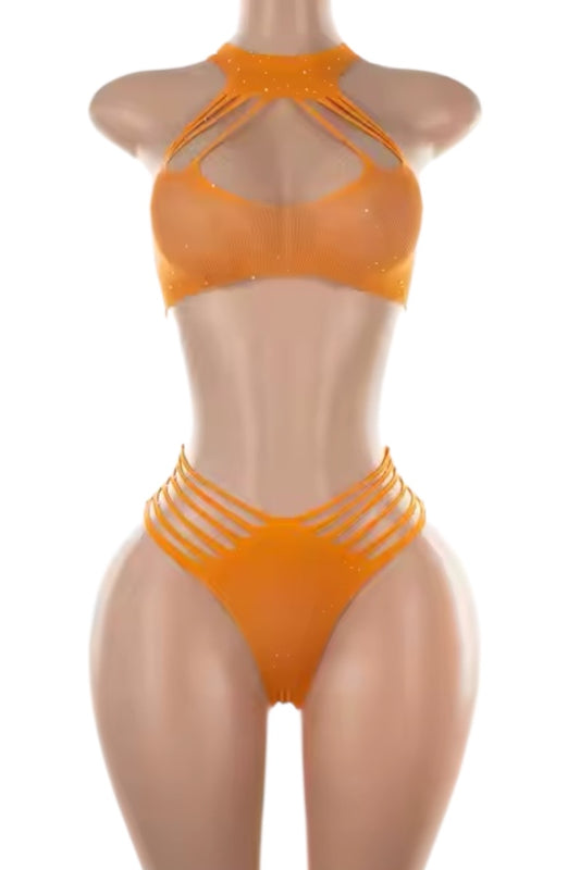 Studded Bodysuit w/ Halter Neck - Orange
