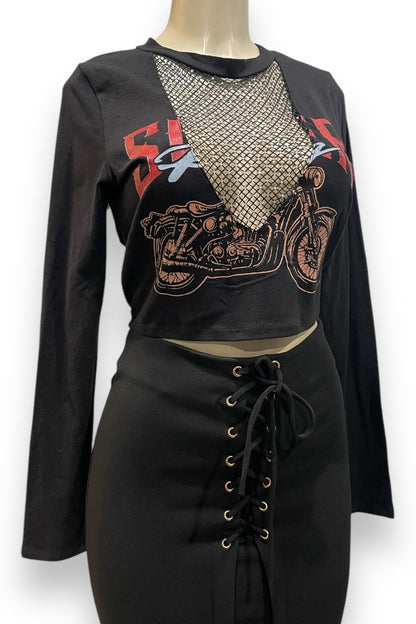 Studded Fishnet Cleavage Graphic Long Sleeve Top