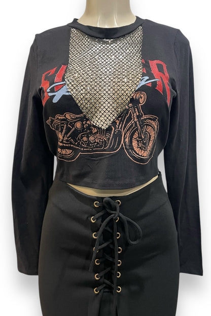 Studded Fishnet Cleavage Graphic Long Sleeve Top