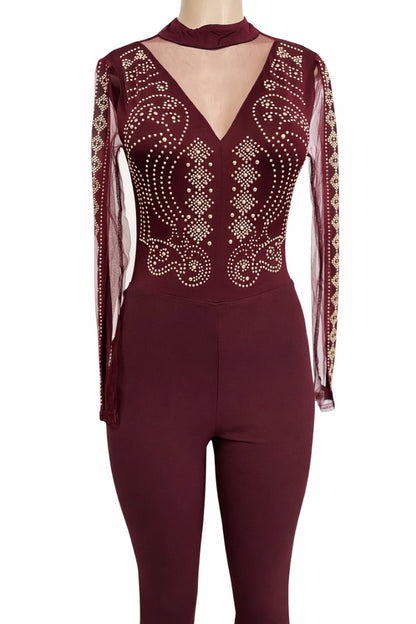 wine jumpsuit with sheer sleeves and embellishments on a white background