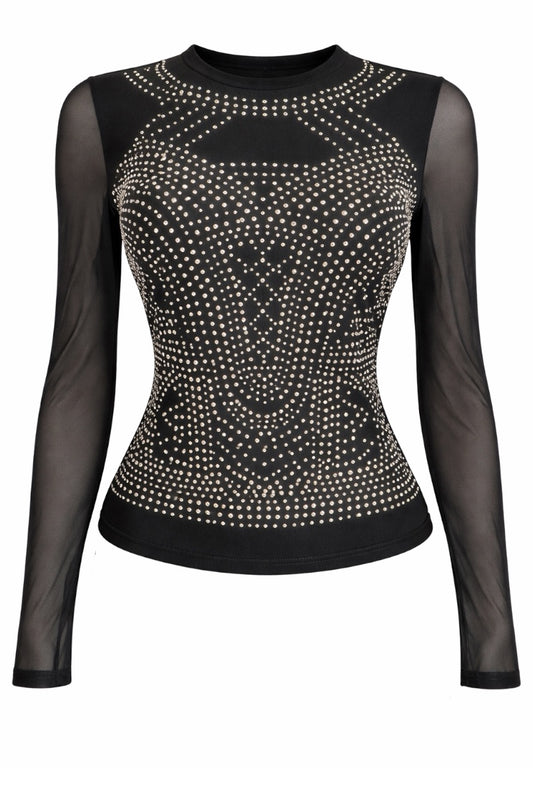 Black long-sleeve top with rhinestone embellishments on a white background