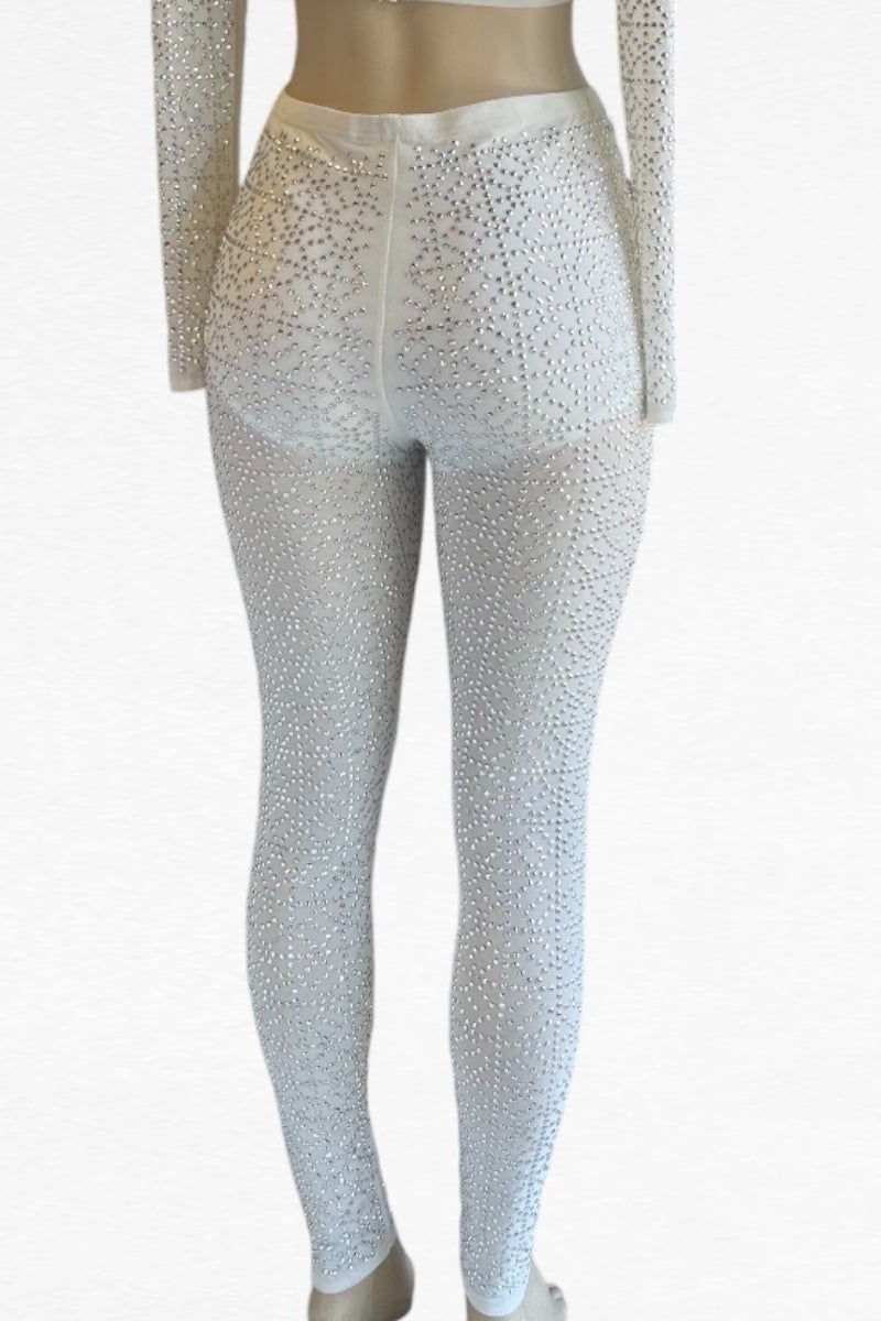 White tights with rhinestone embellishments on a white background