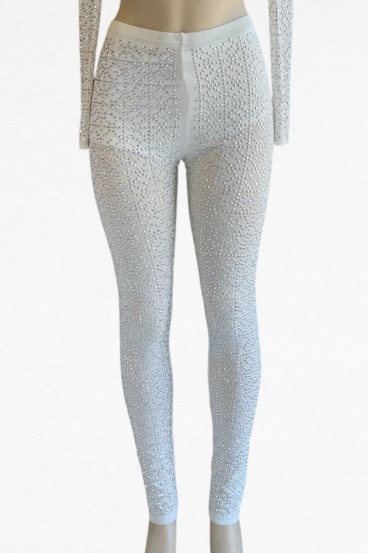 White leggings with a subtle pattern on a white background