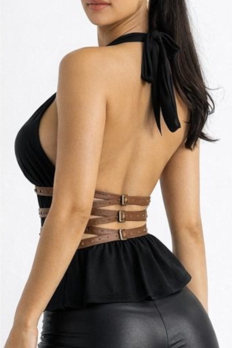 Black halter top with brown belt and matching shorts on a white background
