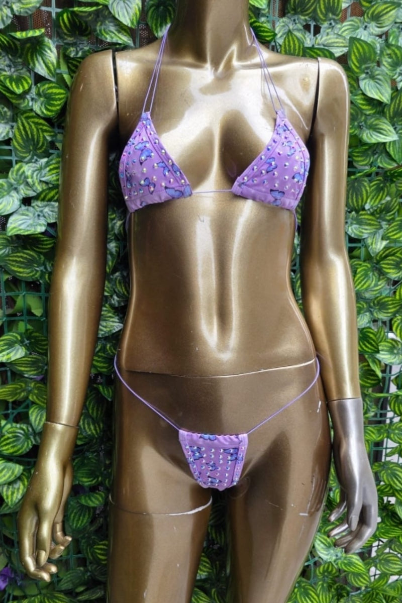 Studded String Bikini Lingerie Set - Purple