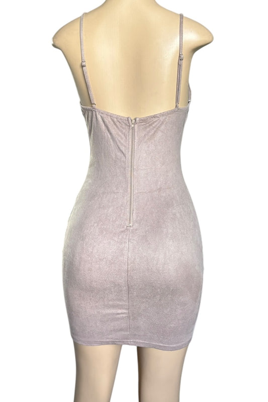 Taupe dress on a mannequin against a white background