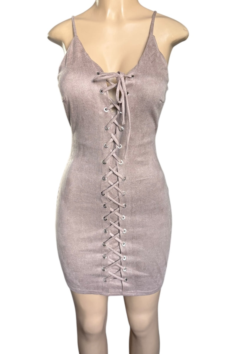Taupe lace-up dress on a mannequin against a white background