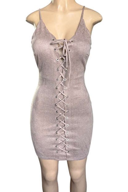 Taupe lace-up dress on a mannequin against a white background