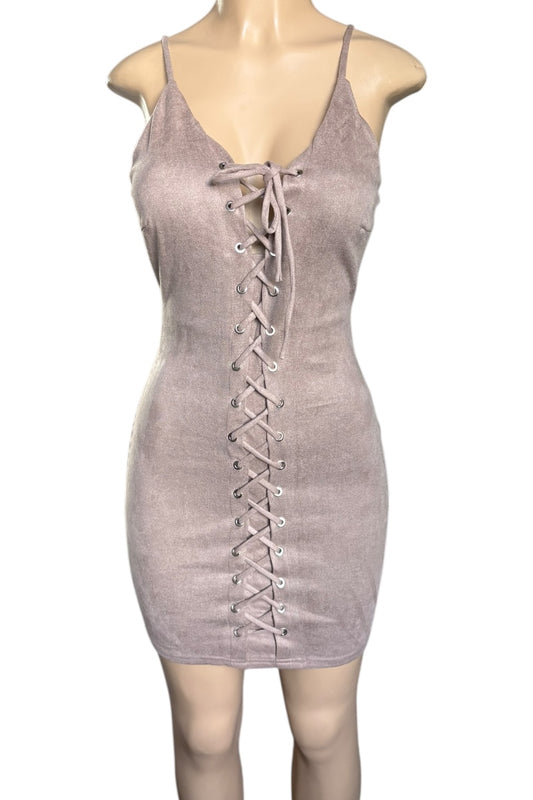 Taupe lace-up dress on a mannequin against a white background