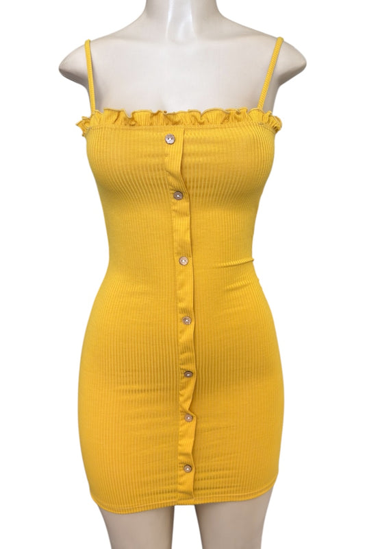Mustard dress on a mannequin with a white background