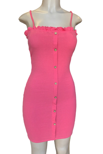 Pink dress with button details on a mannequin against a white background