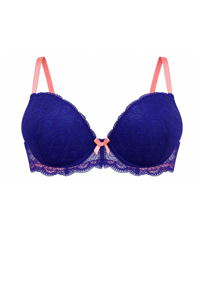 A blue lace underwire bra with pink straps and a small pink bow at the center, displayed against a solid white background.
