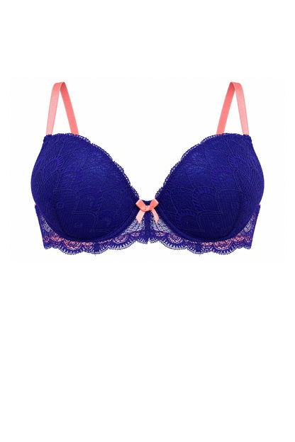 A blue lace underwire bra with pink straps and a small pink bow at the center, displayed against a solid white background.