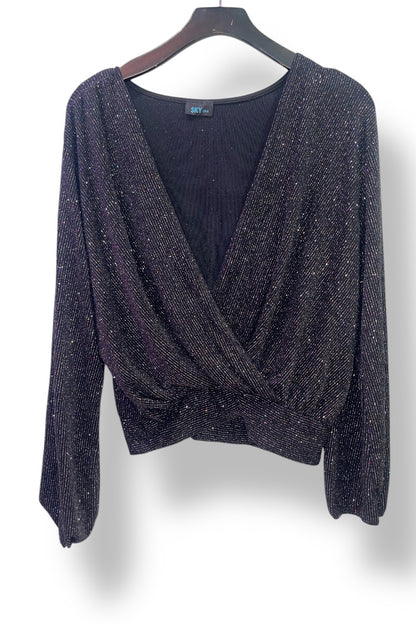 Surplice Glitter Long Sleeve Blouse