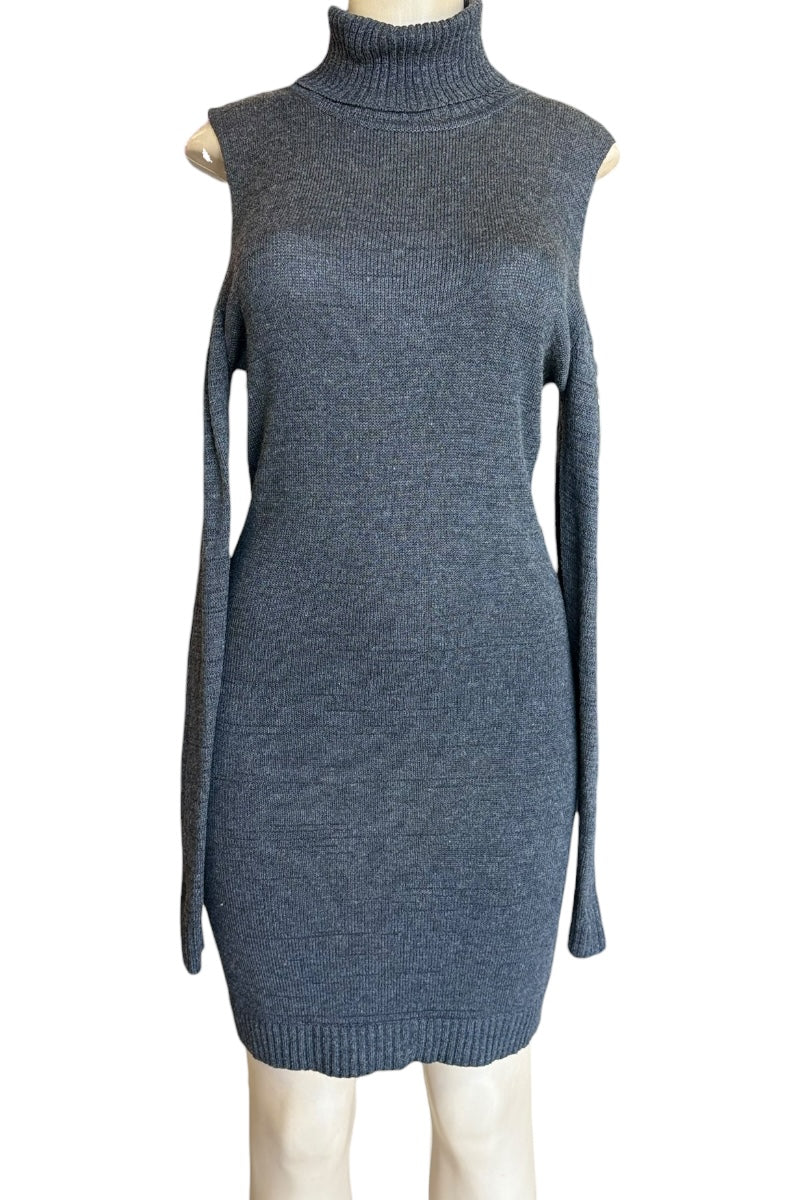 Gray sleeveless sweater dress on a mannequin against a white background
