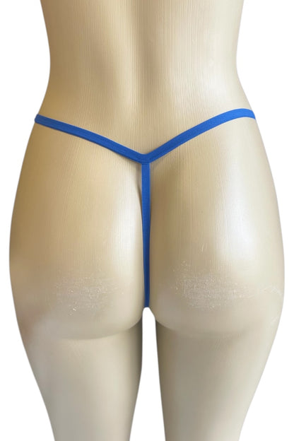 Blue thong on a beige mannequin against a white background