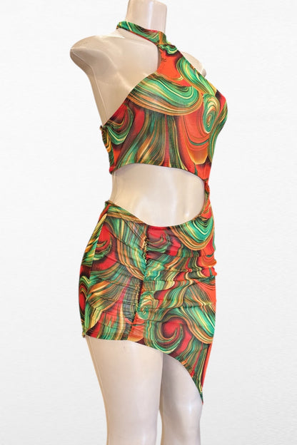 Swirl Print Asymmetrical Cutout Mesh Dress