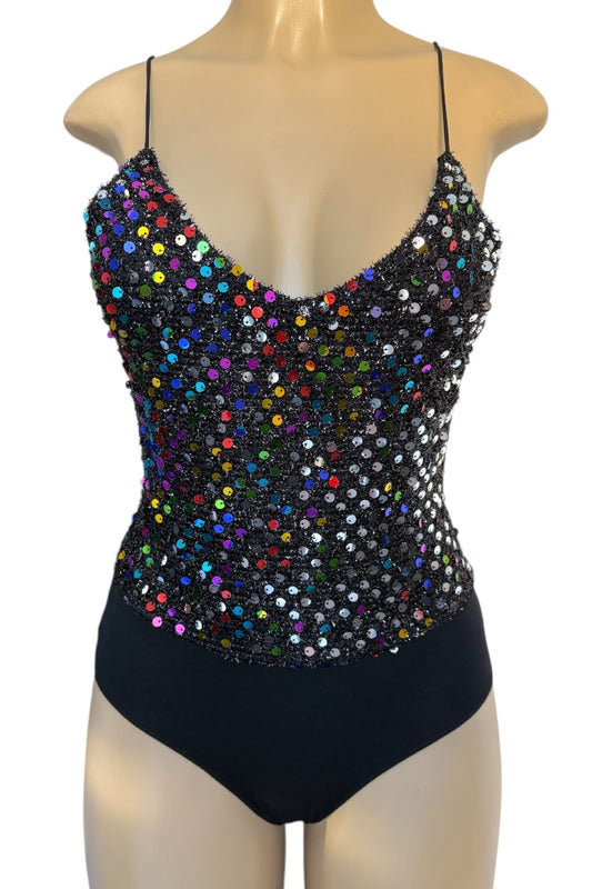 Black bodysuit with multicolored sequins on a mannequin