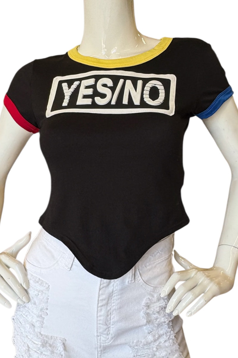 Black t-shirt with 'YES/NO' print on a mannequin against a white background
