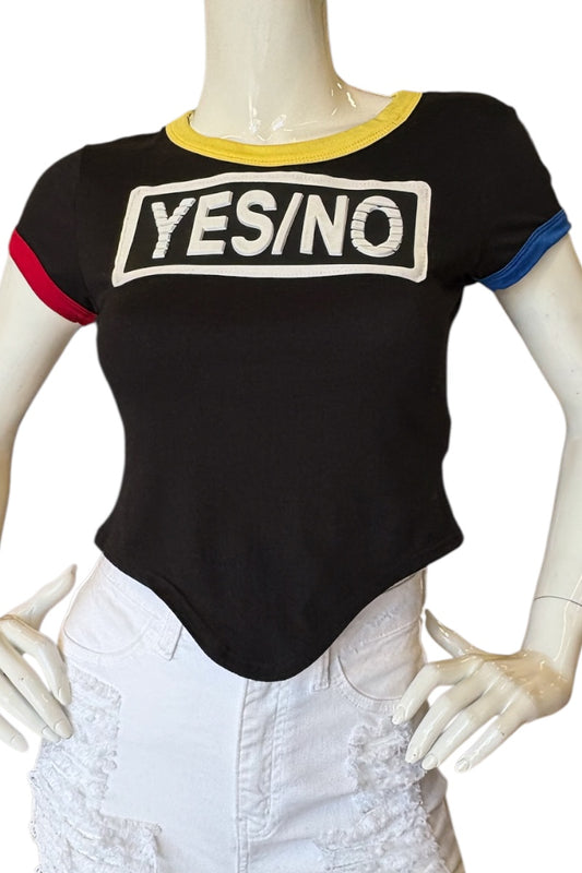 Black t-shirt with 'YES/NO' print on a mannequin against a white background
