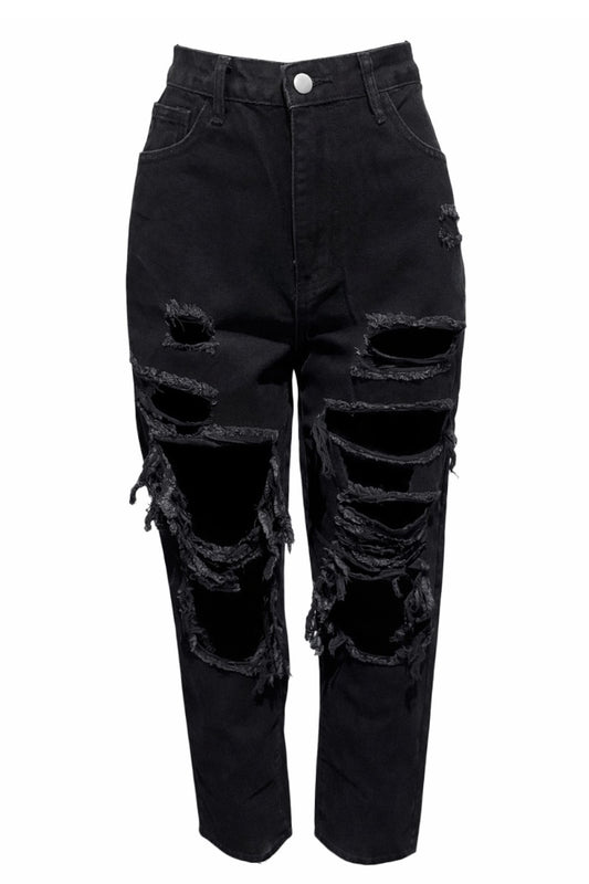 Black distressed jeans on a white background