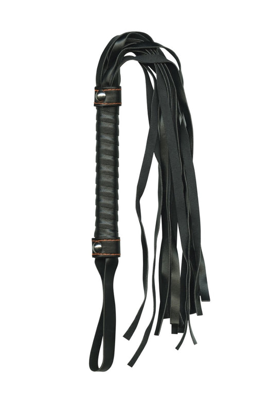 Black leather flogger on a white background