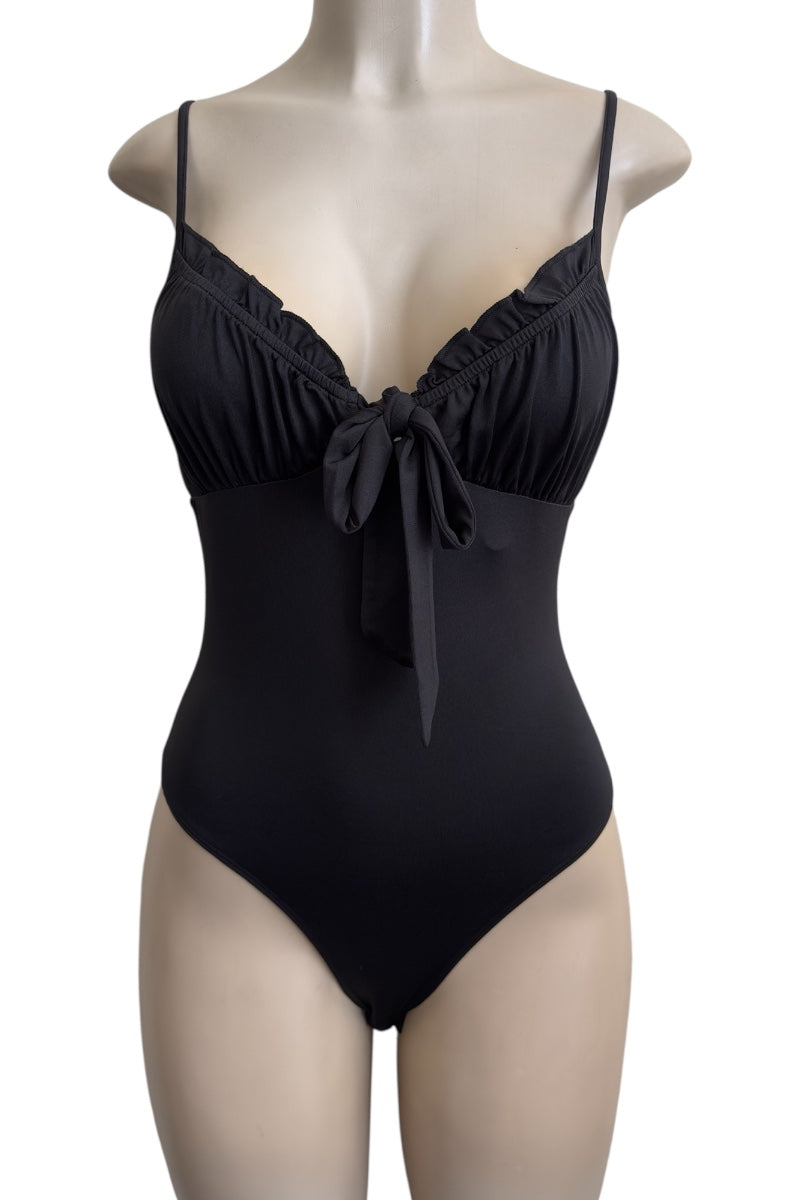 Black bodysuit on a mannequin against a white background