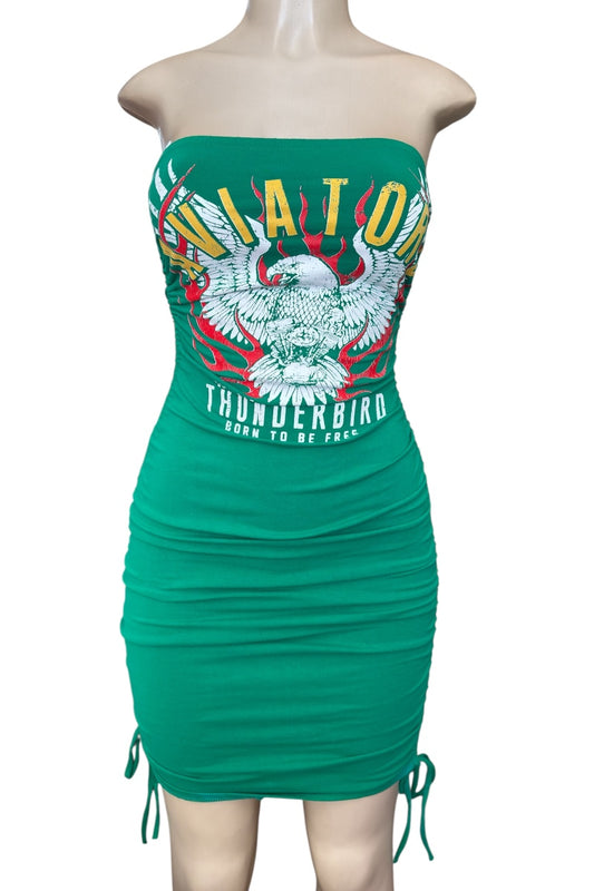 Green strapless dress with eagle graphic and text on a mannequin against a white background