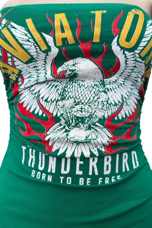 Green dress with white eagle design and text on a white background