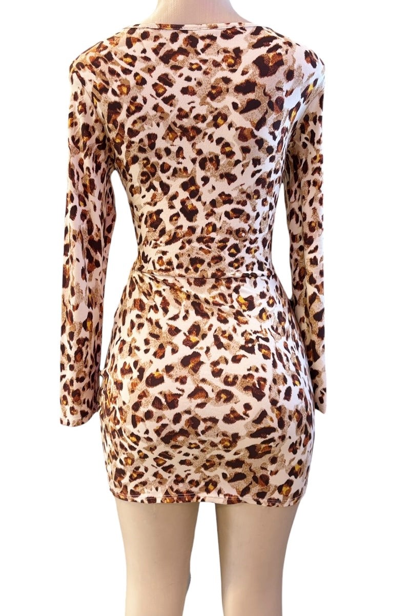 Leopard print dress on a mannequin with a white background
