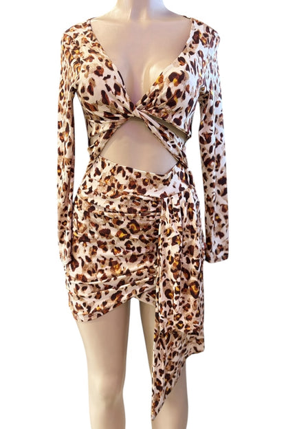 Leopard print dress with long sleeves on a mannequin against a white background