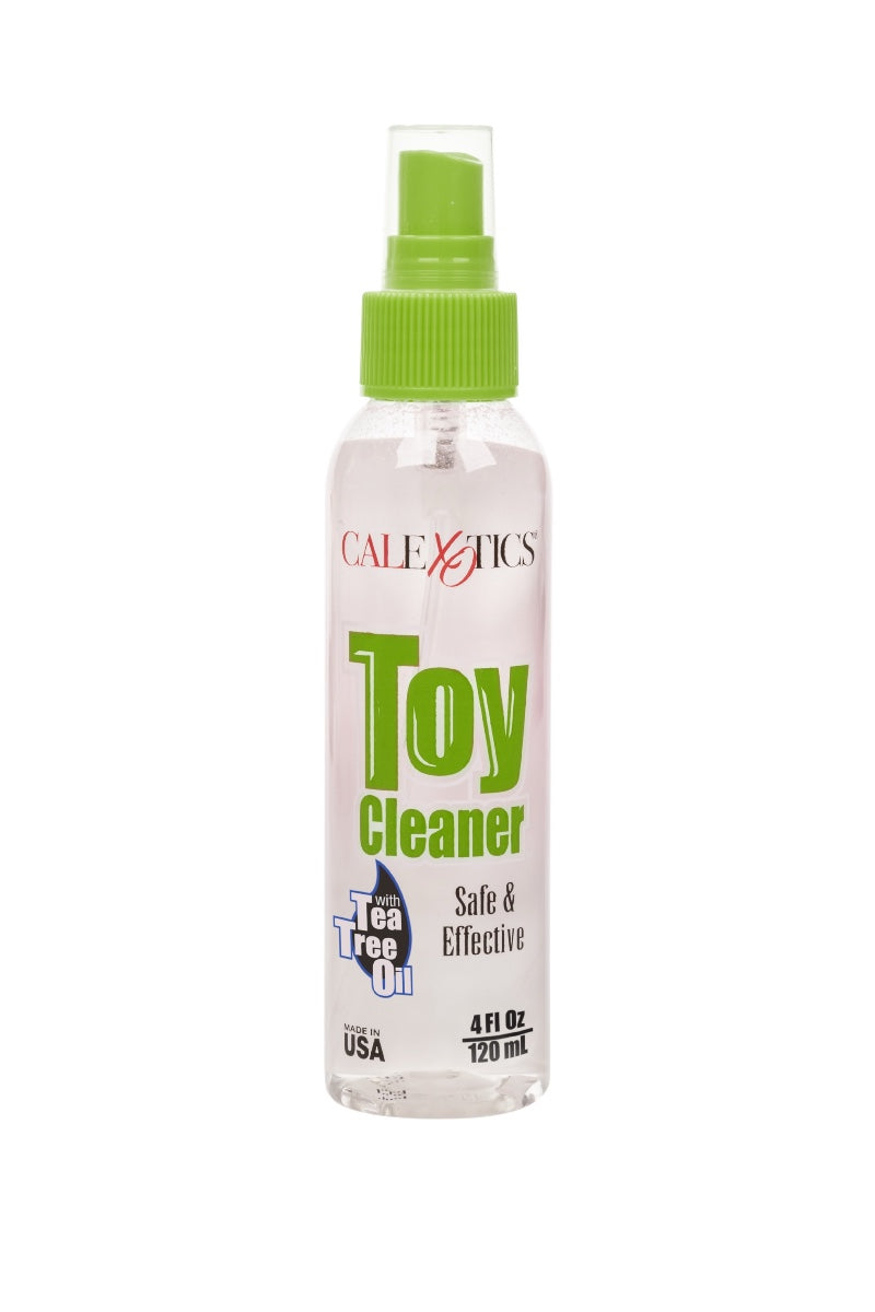 Toy cleaner bottle with green cap and label on a white background