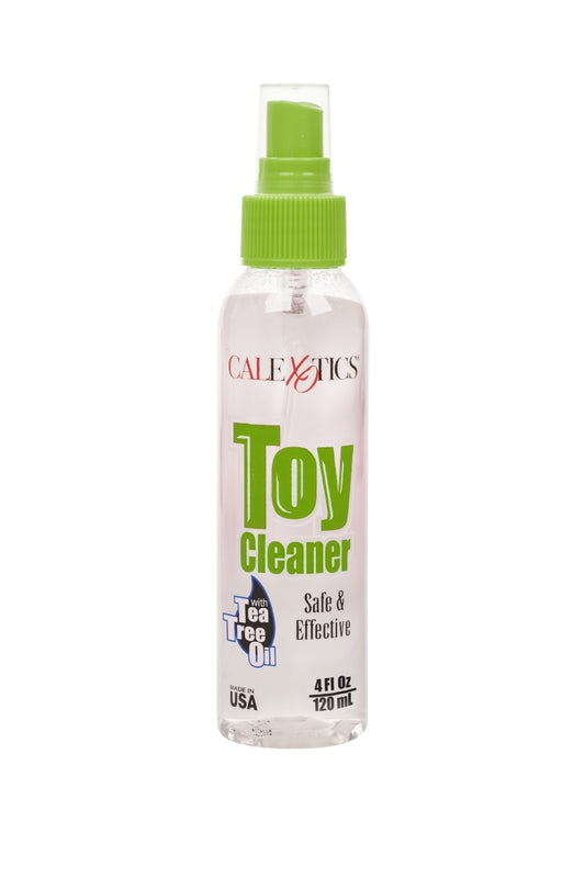 Toy cleaner bottle with green cap and label on a white background