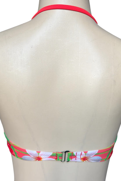 Bikini top with floral design on a mannequin against a white background