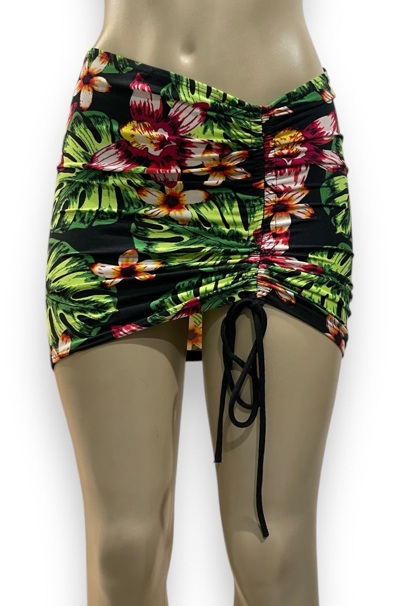 Tropical Floral Drawstring Mini Skirt