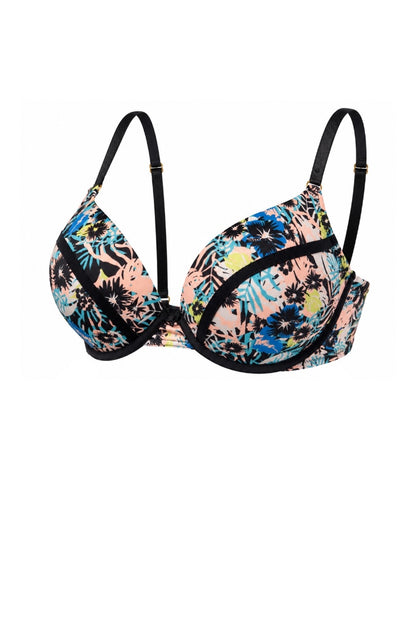 A women's underwire bra with a vibrant tropical floral print in pink, blue, yellow, and black, featuring solid black straps and trim, shown against a plain white background.