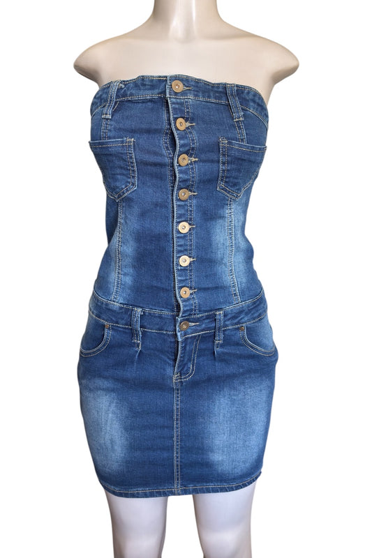 Blue denim dress on a mannequin with a white background