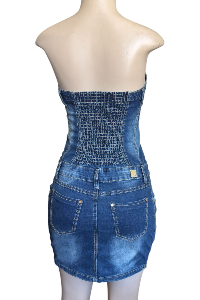 Denim strapless dress on a mannequin with a white background